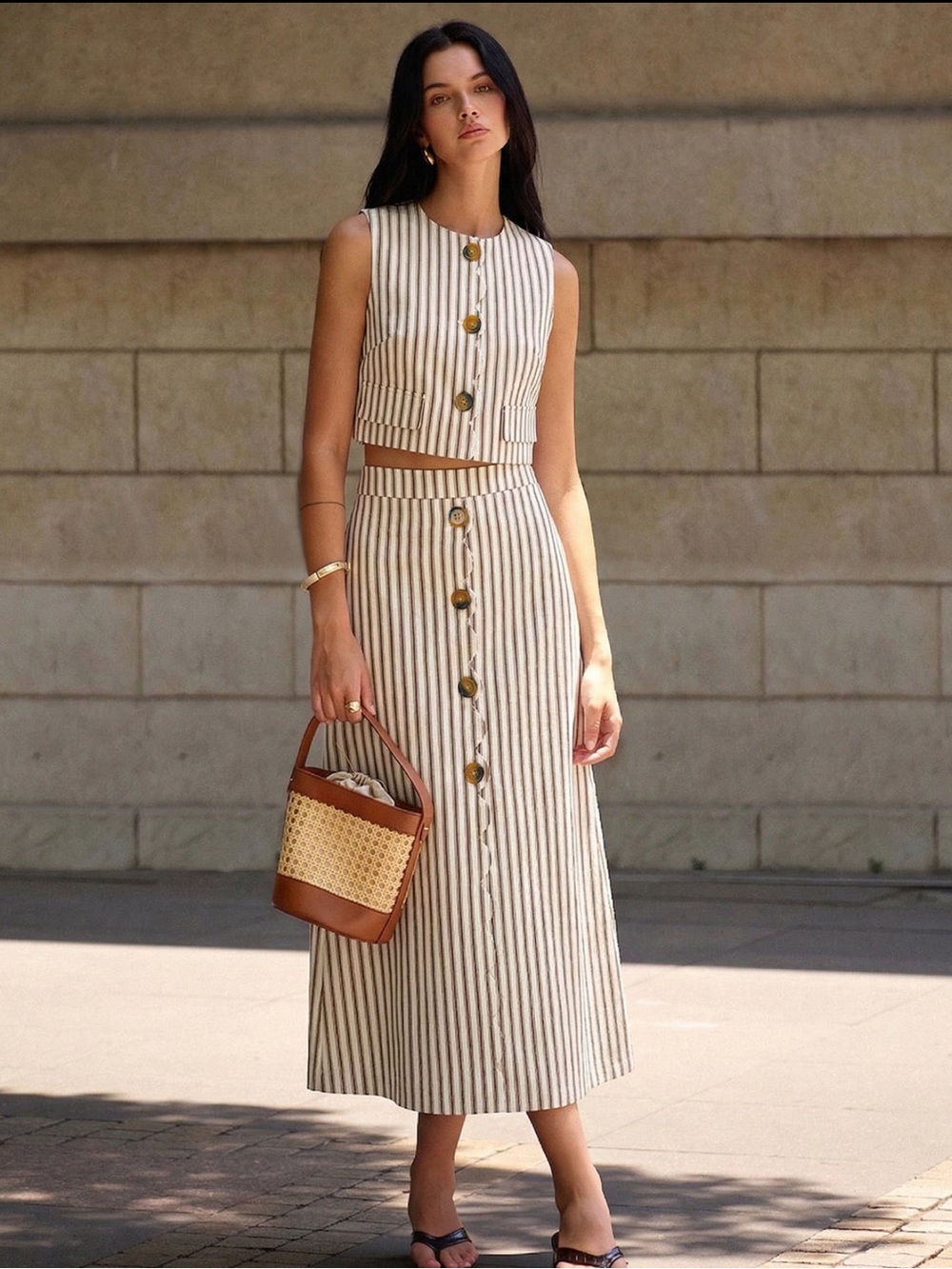 Commense Cotton Striped Sleeveless Top & Midi Skirt Set Brown Cream NWT Med